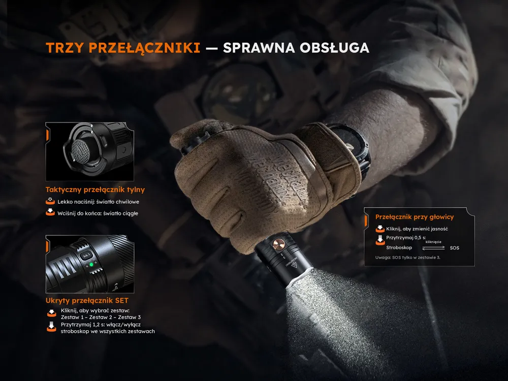 Korpus duraluminiowy i tylny włącznik taktyczny latarki Fenix PD36R ACE